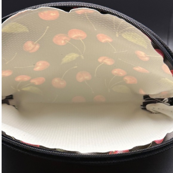 Cherry Print Cosmetic Bag Black Red Fruit Pattern Makeup Pouch Zipper - Picture 3 of 3